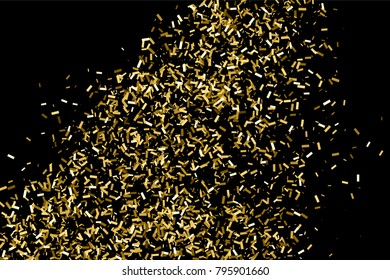 Gold glitter texture isolated on black. Amber particles color. Celebratory background. Golden explosion of confetti.