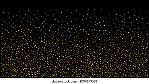 Gold glitter texture on a black background. Golden confetti elements, Sparkle dots. Golden powder. Stylish fashion black vector backdrop, scattered dust. Magic mist glowing. grainy abstract texture
