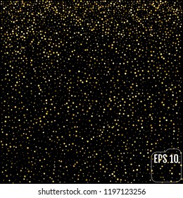 Gold glitter texture on a black background. Golden explosion of confetti. Golden grainy abstract texture on a black background. Design element. Vector illustration