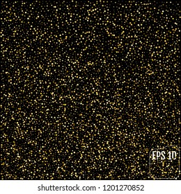 Gold glitter texture on a black background. Golden explosion of confetti. Golden grainy abstract texture on a black background. Design element. Vector illustration