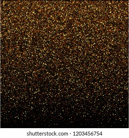 Gold glitter texture on a black background. Holiday background. Golden explosion of confetti.