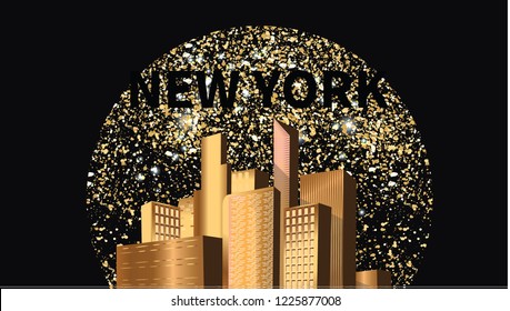 Gold glitter texture on a black background. Night city skyline  and moonlight. Golden explosion of confetti. Golden grainy abstract texture on a gradient background. Vector illustration