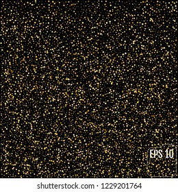Gold glitter texture on a black background. Golden explosion of confetti. Golden grainy abstract texture on a black background. Design element. Vector illustration
