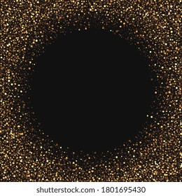 Gold glitter texture on a black background. Golden explosion of confetti. Golden grainy abstract texture on a black background. Design element. Luxury backdrop. Gold glittering star dust circle. EPS10