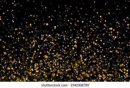 Gold glitter texture on a black background. Golden explosion of confetti. Golden grainy abstract texture on a black background. Design element. Vector illustration.