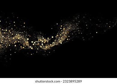 Gold glitter texture on black background.Gold sequins glisten with dust. A wave of glitter confetti. Festive background.