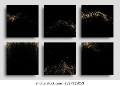 Gold glitter texture on black background. Abstract golden color particles, confetti glitter flow. Festive background set.