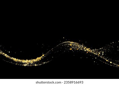 Textura de brillo dorado en un fondo negro. Resumen de partículas de color doradas, flujo de onda de brillo de confeti. Fondo festivo.