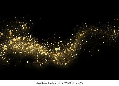 Gold glitter texture on a black background. Abstract particles of golden color, flow of wavy glitter confetti. Festive background.