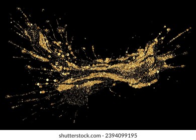 Gold glitter texture on a black background. Festive background. Golden explosion of confetti, design element.