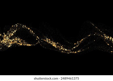 Gold glitter texture on a black background. Wave-like streams of golden-colored particles, an explosion of sparkling confetti. Festive background.