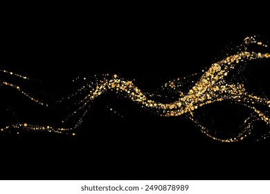 Gold glitter texture on a black background. Wave-like streams of golden-colored particles, an explosion of sparkling confetti. Festive background.