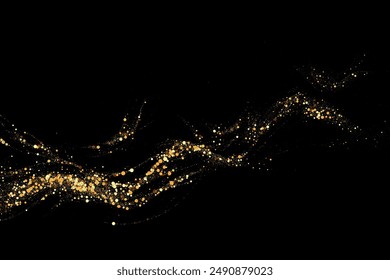Gold glitter texture on a black background. Wave-like streams of golden-colored particles, an explosion of sparkling confetti. Festive background.
