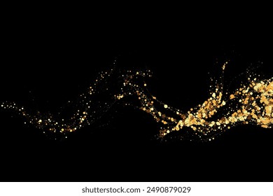 Gold glitter texture on a black background. Wave-like streams of golden-colored particles, an explosion of sparkling confetti. Festive background.