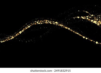 Gold glitter texture on a black background. Wave-like streams of golden colored particles. Festive background.