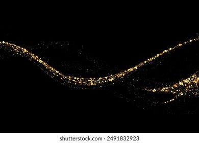 Gold Glitzer Textur auf einem schwarzen Hintergrund. Wellenartige Ströme goldfarbener Teilchen. Festlicher Hintergrund.
