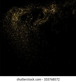Gold glitter texture on a black background. Golden explosion of confetti. Golden grainy abstract  texture on a black  background. Design element. Vector illustration,eps 10.