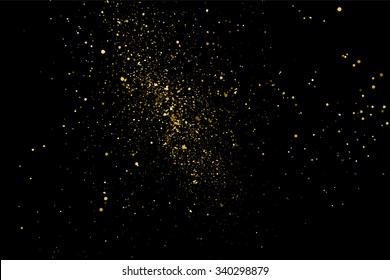 Gold glitter texture on a black background. Holiday background. Golden explosion of confetti. Golden grainy abstract  texture on a black  background. Design element. Vector illustration,eps 10.