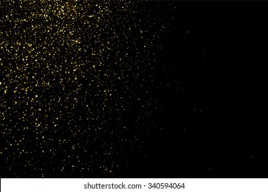 Gold glitter texture on a black background. Holiday background. Golden explosion of confetti. Golden grainy abstract  texture on a black  background. Design element. Vector illustration,eps 10.