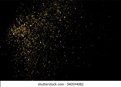 Gold glitter texture on a black background. Holiday background. Golden explosion of confetti. Golden grainy abstract  texture on a black  background. Design element. Vector illustration,eps 10.