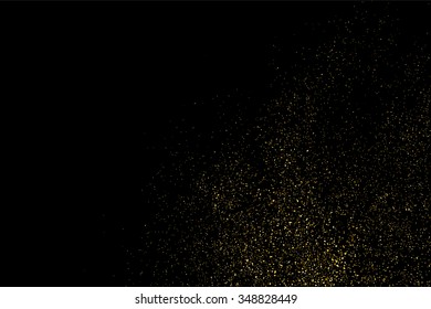 Gold glitter texture on a black background. Holiday background. Golden explosion of confetti. Golden grainy abstract  texture on a black  background. Design element. Vector illustration,eps 10.