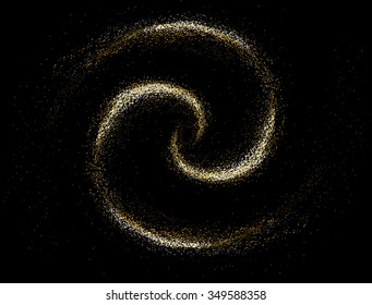 Gold glitter texture on a black background. Round Spiral galaxy of golden star dust. Golden grainy abstract  texture on a black  background. Design element. Vector illustration,eps 10.