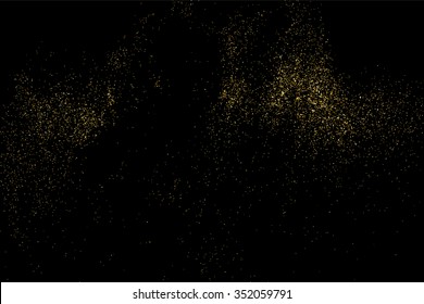 Gold glitter texture on a black background. Holiday background. Golden explosion of confetti. Golden grainy abstract  texture on a black  background. Design element. Vector illustration,eps 10.