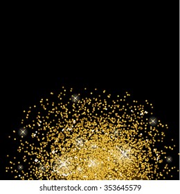Gold glitter texture on a black background. Golden explosion of confetti. Golden grainy abstract texture on a black background. Design element. Vector illustration.