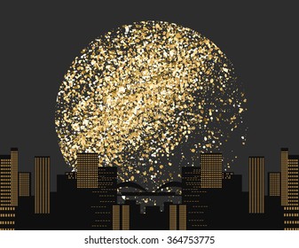 Gold glitter texture on a black background. Night city skyline  and moonlight. Golden explosion of confetti. Golden grainy abstract texture on a black background. Vector illustration