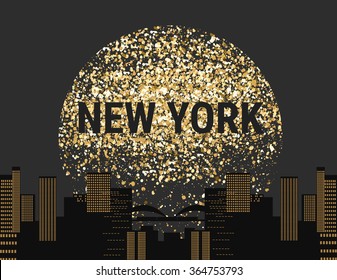 Gold glitter texture on a black background. Night city skyline  and moonlight. Golden explosion of confetti. Golden grainy abstract texture on a black background. Vector illustration