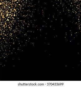 Gold glitter texture on  black background. Golden explosion of confetti. Golden grainy abstract  texture on  black  background. Holiday background. Design element. Vector illustration,eps 10.