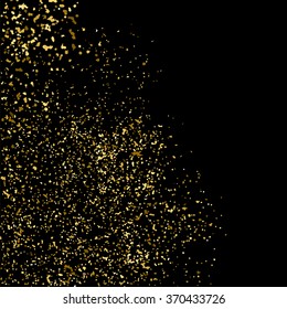 Gold glitter texture on  black background. Golden explosion of confetti. Golden grainy abstract  texture on  black  background. Holiday background. Design element. Vector illustration,eps 10.
