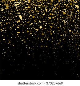 Gold glitter texture on  black background. Golden explosion of confetti. Golden grainy abstract  texture on  black  background. Holiday background. Design element. Vector illustration,eps 10.