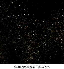 Gold glitter texture on  black background. Golden explosion of confetti. Golden grainy abstract  texture on  black  background. Holiday background. Design element. Vector illustration,eps 10.