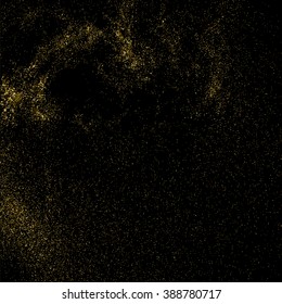 Gold glitter texture on  black background. Golden explosion of confetti. Golden grainy abstract  texture on  black  background. Holiday background. Design element. Vector illustration,eps 10.