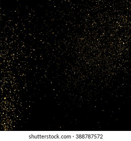Gold glitter texture on  black background. Golden explosion of confetti. Golden grainy abstract  texture on  black  background. Holiday background. Design element. Vector illustration,eps 10.