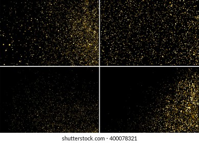 Gold glitter texture on a black background. Set vector texture. Golden explosion of confetti. Golden grainy abstract texture on a black background. Set design element. Vector illustration,eps 10.