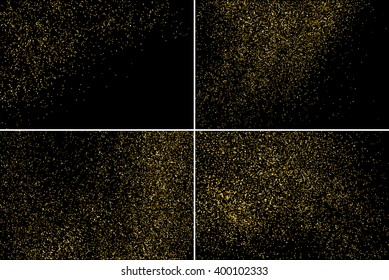 Gold glitter texture on a black background. Set vector texture. Golden explosion of confetti. Golden grainy abstract texture on a black background. Set design element. Vector illustration,eps 10.