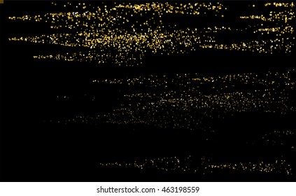 Gold glitter texture on a black background. Golden grainy abstract texture. Golden confetti background. Vector illustration.