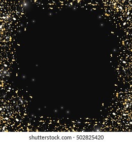Gold glitter texture on a black background. Watercolor colored dots. - stock vector