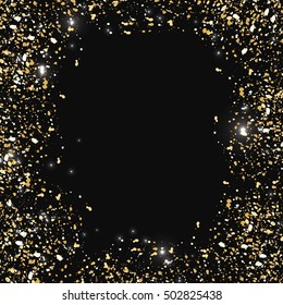 Gold glitter texture on a black background. Watercolor colored dots. - stock vector