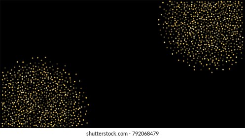 Gold glitter texture on a black background. Golden confetti elements, Sparkle dots. Golden powder. Stylish fashion black vector backdrop, scattered dust. Magic mist glowing. grainy abstract texture