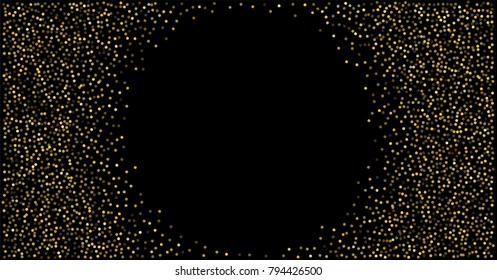 Gold glitter texture on a black background. Golden confetti elements, Sparkle dots. Golden powder. Stylish fashion black vector backdrop, scattered dust. Magic mist glowing. grainy abstract texture