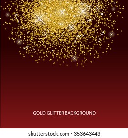 Gold glitter texture on dark red background. Golden explosion of confetti. Golden grainy abstract texture. Vector illustration EPS 10.