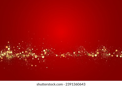 Gold glitter texture on a red background. Abstract golden colored particles, flow of wavy shiny confetti. Festive background.