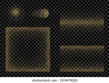 Gold glitter texture on transparent background. Golden grainy abstract texture. Background, borders, explosions set. Template invitation, business card, poster design. Isolated. Vector illustration