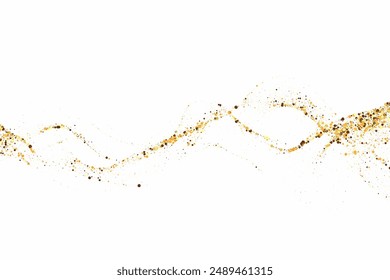 Gold Glitzer Textur auf einem weißen Hintergrund. Wellenförmige Ströme goldfarbener Partikel, eine Explosion funkelnder Konfetti. Festlicher Hintergrund.