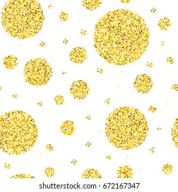 Gold glitter texture scattered circles over white background seamless pattern. Abstract golden sparkles of confetti. Vector illustration.