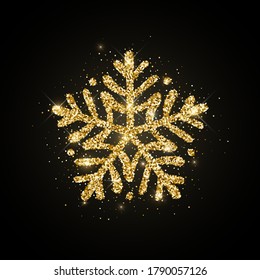 Gold glitter texture snowflake hand drawn icon on black background. Shiny Christmas, New year and winter sparkling golden snow symbol for print, web, decoration, greeting card. Vector Illustration