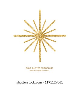 Gold glitter texture snowflake isolated on white background. Vector illustration.